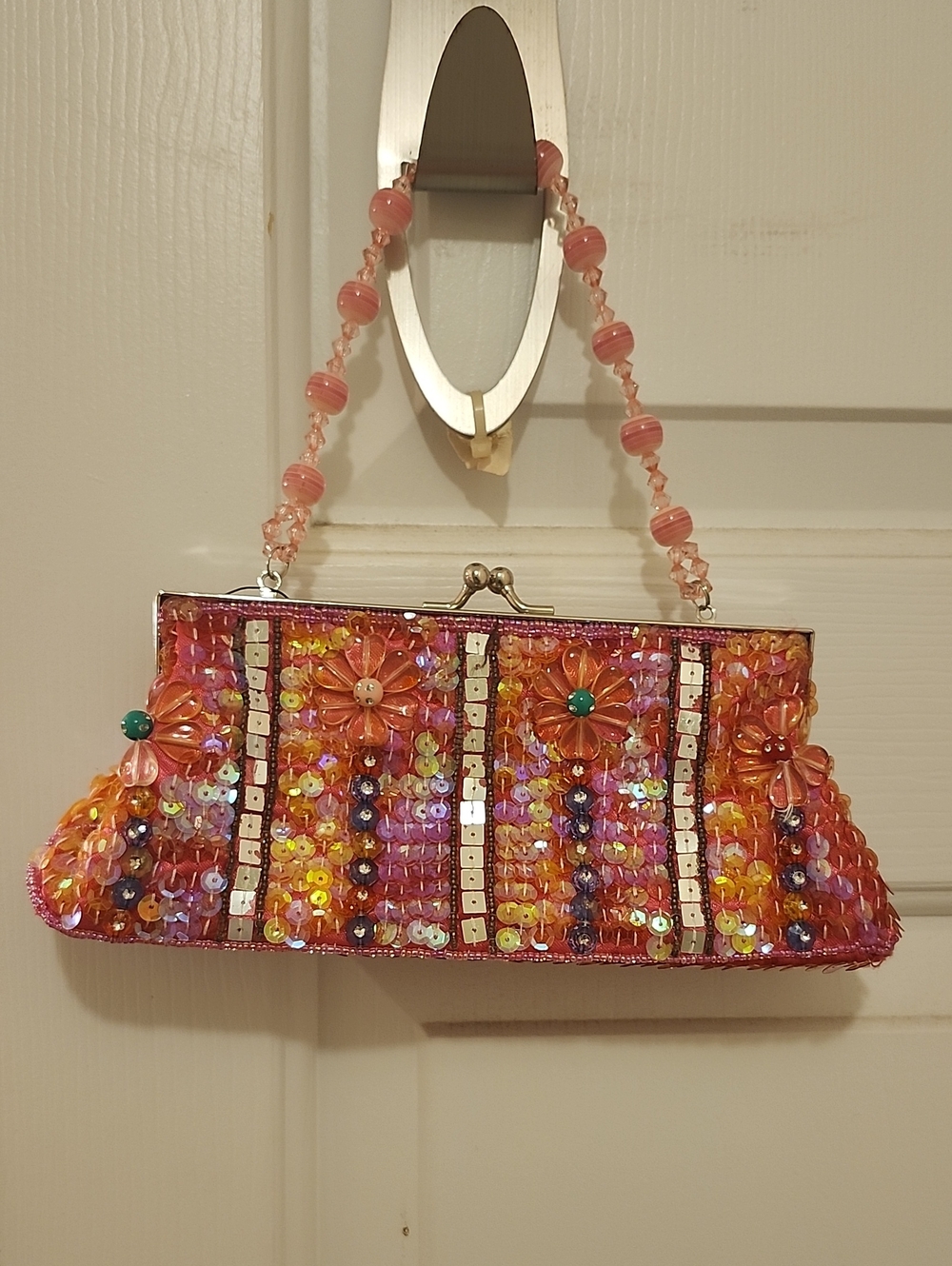 Beaded Floral Sequin Mini Bag - Pink & Orange